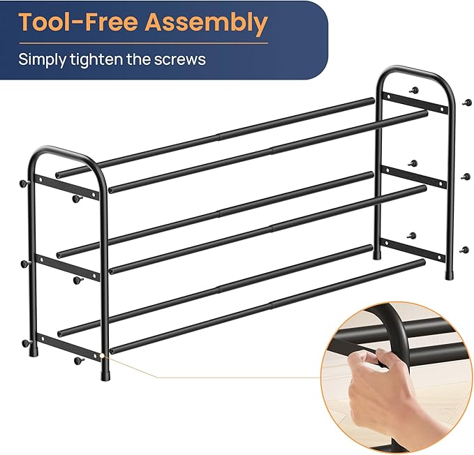 ENJOYBASICS Expandable Shoe Rack, 3 Tier Adjustable Shoe Organizer Shelf for Closet, Black Metal Free Standing Shoe Rack Storage for Small Space, Entryway