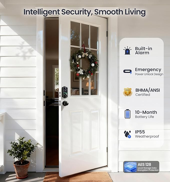 Veise VE017-K Fingerprint Smart Lock with 2 Knobs, App Control, Keyless Entry Front Door Lock with Handle Set, Electronic Digital Touchscreen Keypad Deadbolt, IP55 Waterproof, Auto-Lock, Matte Black