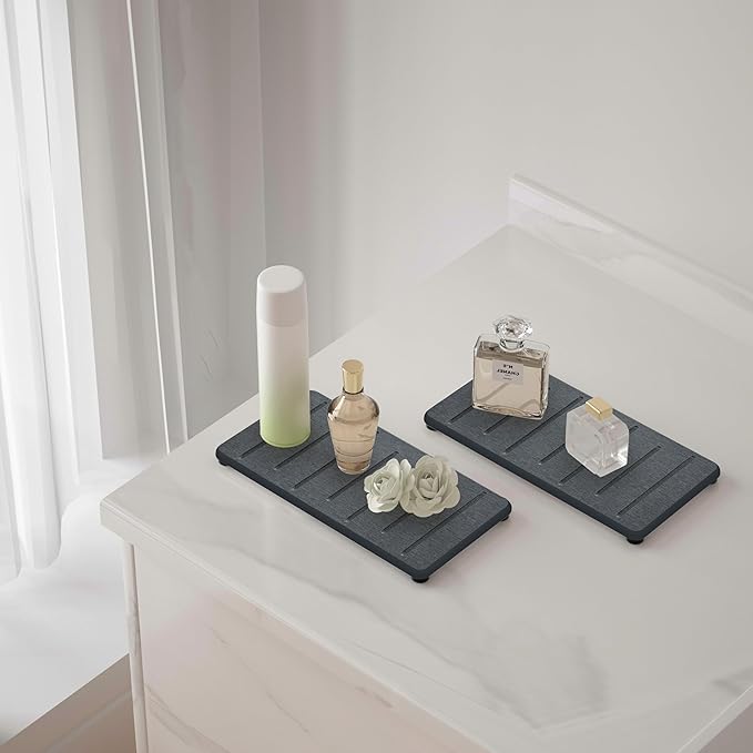 2PCS Water Absorbing Stone Tray for Cosmetics & Hand Soap & Houseplants, 8.7" x 4.3" Ultra-Absorbent Diatomite Coaster | Fast-Drying Bathroom & Kitchen Organizer, Dark Gray