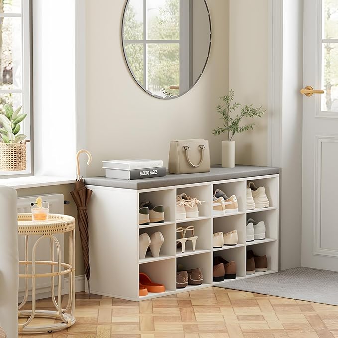 12-Cubby Shoe Rack with Cushion, 3-Tier Wood Shoe Organizer, Multifunctional Shoe Organizer Bench for Entryway, Mudroom, Hallway, Closet,36.22 * 11.81 * 17.7 Inch, White