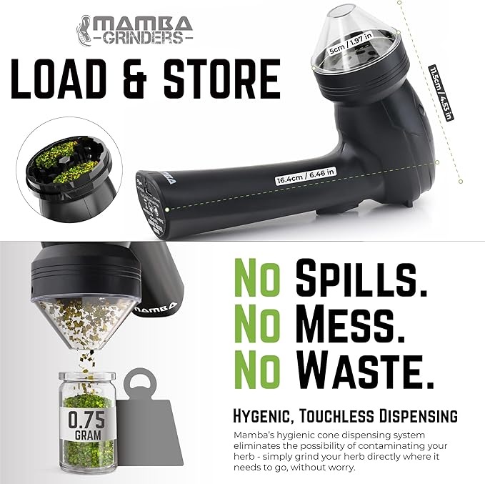 Mamba Lite 0.75g Black All-Plastic Head USB Electric Herb Grinder. Small Portable Herbal Machine & Spice Mill for the Kitchen
