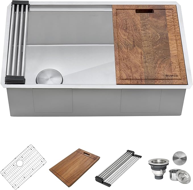 Ruvati 36-inch Rounded Corners Workstation Kitchen Sink - Slope Bottom Offset Drain Undermount Kitchens Sink - 16 Gauge Stainless Steel Kitchen Sinks with Accessories - RVH8596
