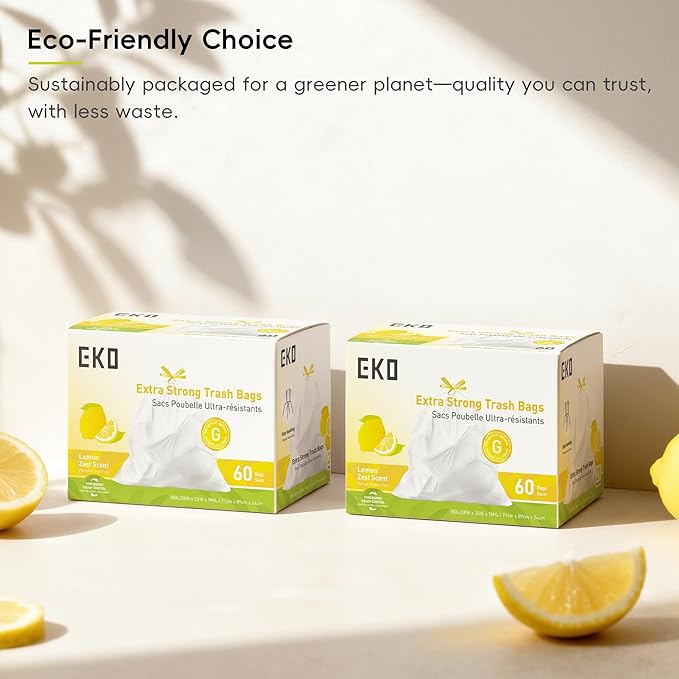 EKO 21 Gallon / 50-90 Liter, 60 Count Drawstring Trash Bags, Extra-Strong Garbage Bags, Lemon Zest Scent with Continuous Odor Control, Easy-Dispense Roll for Kitchen and Household Use, Code G, White