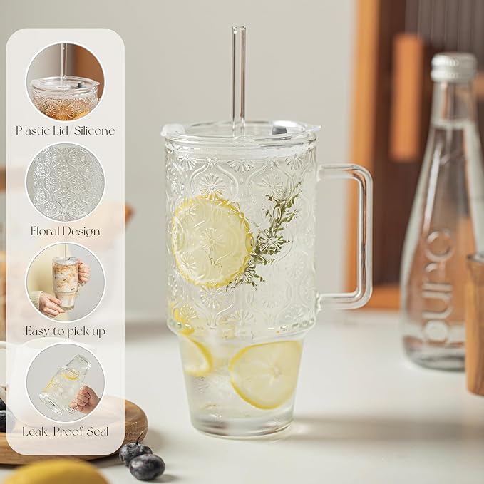 KEMORELA 24 Oz Ribbed Glass Tumblers with Lids and Straws, Tumbler Cup with Handle, Iced Coffee Glassware, Clear Reusable Drinkware for Smoothies and Beverages