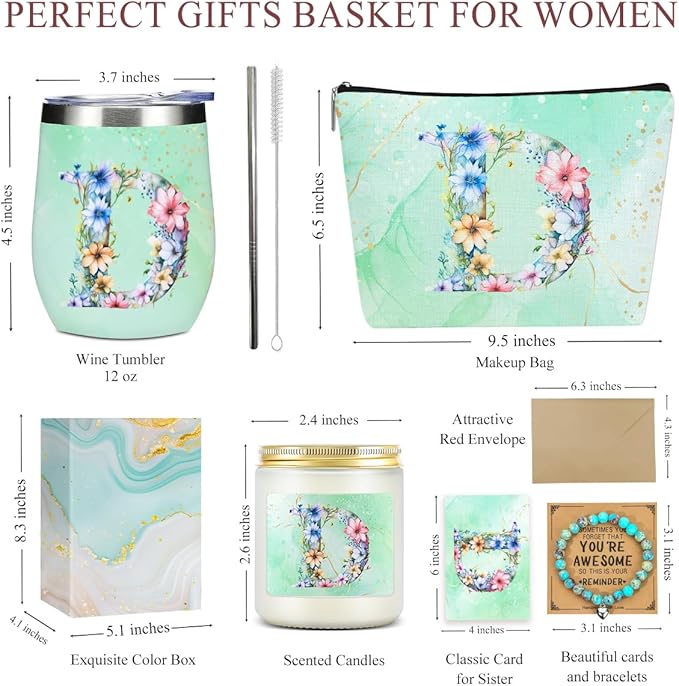 Personalized Gifts Monogrammed Birthday Gifts for Women, Niece Auntie Boss Teacher Appreciation Christmas Initial Wine Tumbler Makeup Bag Scented Candle Bracelet Set, (Aesthetic Green Flower D)