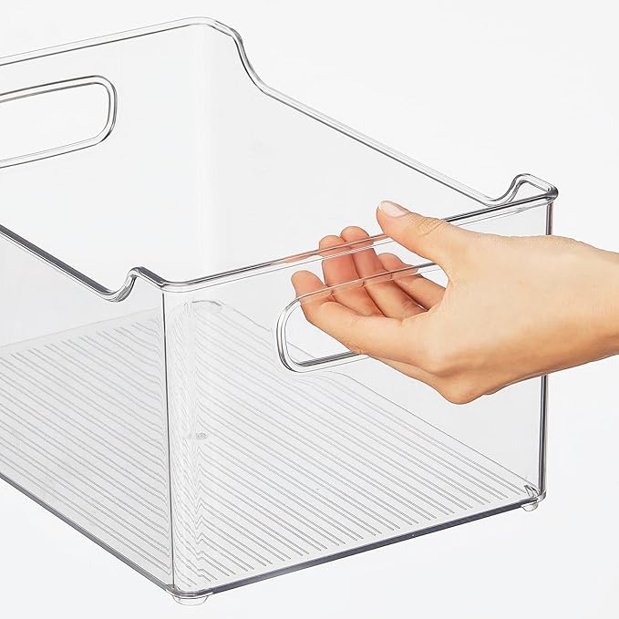 mDesign Plastic Storage Organization Bin with Handles for Kitchen Cabinet, Pantry, Shelf, Fridge/Freezer - Home Organizer for Fruit, Potatoes, Onions, Drinks, Snacks, Pasta - 4 Pack - Clear
