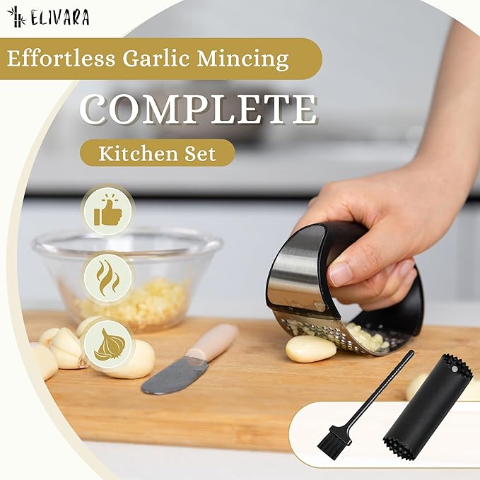 Stainless Steel Garlic Press Rocker Set (Black) - Includes Silicone Peeler and Cleaning Brush for Effortless Garlic Mincing
