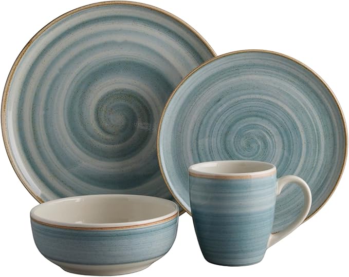 Corona 16-piece Rustic and Modern Hand-Painted Details Ceramic Dinnerware Sets, Plates, Bowls and Mugs, Service For 4, Blue Caoba