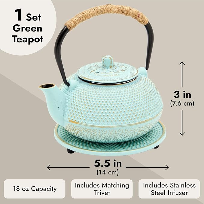 Juvale Cast Iron Tea Kettle with Infuser - Green, 18 oz/500 ml, 3-Piece Set - Teapot for Brewing Loose Leaf Tea - Stovetop Safe Tetsubin Set with Trivet