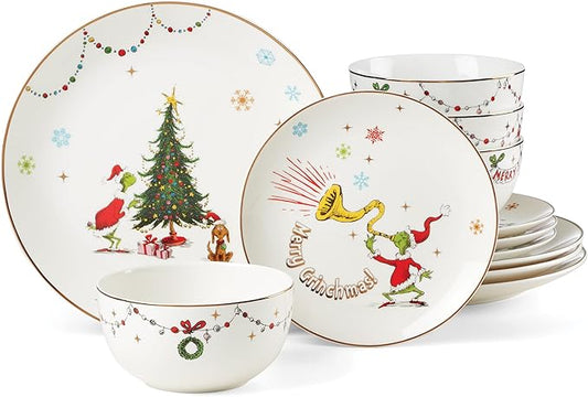 Lenox 895051 Merry Grinchmas 12-Piece Dinnerware Set, Green, 12 Count, Christmas, Holiday Hosting