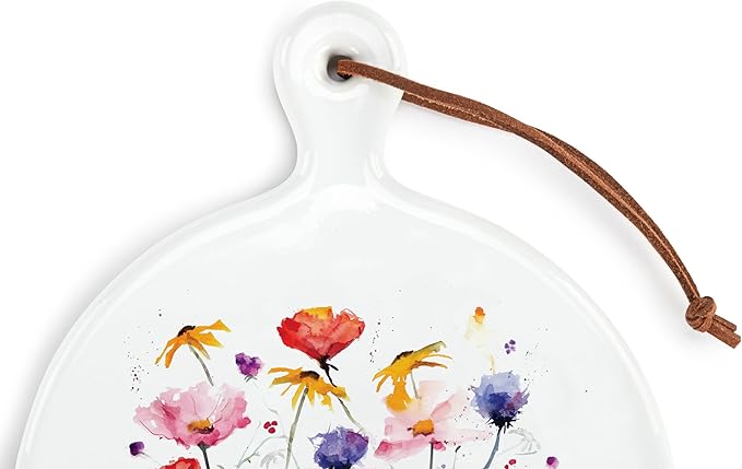 DEMDACO Dean Crouser Collection Watercolor Wildflower Floral Round Mini 5 x 6.5 Stoneware, Suede, Wood Cutting Cheese Serving Board with Knife
