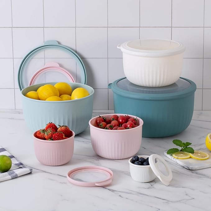 COOK WITH COLOR Prep Bowls with Lids- Wide and Deep Nesting Plastic Small Mixing Bowl Set with Lids, 12 Piece Set - Deep Bowls, Teal and Pink