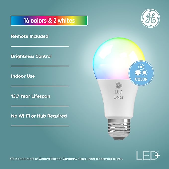 GE LED+ Color Changing LED Light Bulbs with Remote, 9.5W, No App or Wi-Fi Required, A19 (3 Pack)