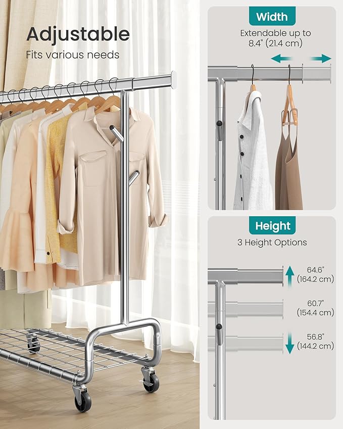 SONGMICS Clothes Rack, Heavy-Duty Rolling Clothing Garment Rack with Wheels, Extendable Hanging Rod and Adjustable Height, Portable, with Shelf and Hooks, Silver UHSR014E01