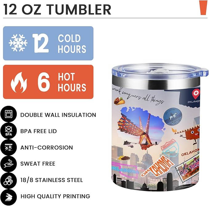 12oz Coffee Mug Oklahoma State Insulated Coffee Cups, United States Map Travel Mug Landmark, Birthday Gifts Cute Mugs with Lid and Straw Gifts for Mom