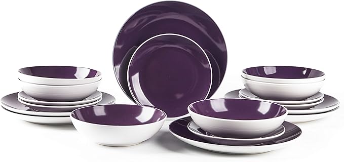Stoneware Coupe Shape 18pc Dinnerware Set, Outside White + Inside Violet