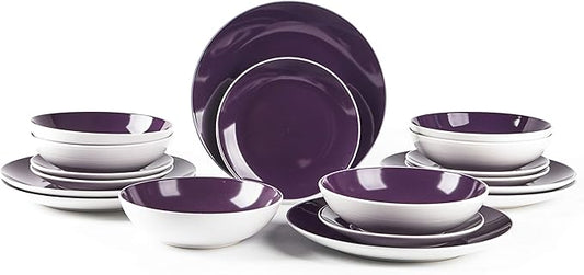 Stoneware Coupe Shape 18pc Dinnerware Set, Outside White + Inside Violet