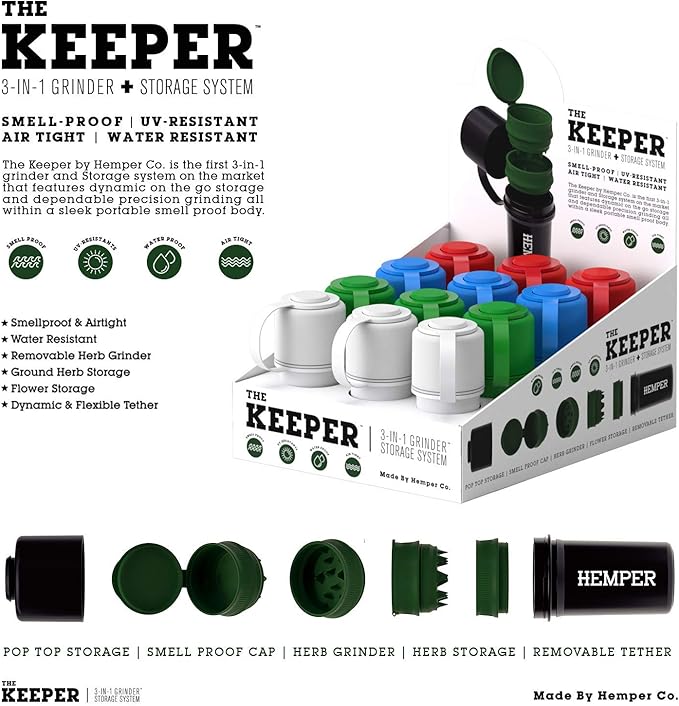 Hemper Keeper 3‑in‑1 Herb Grinder with Dual Storage Container - Smell‑Proof, Airtight & Water‑Resistant - Built‑In Removable Grinder, Dual Compartments for Flower & Ground - (Red)