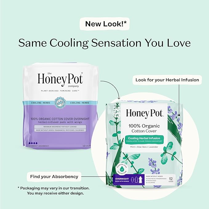 The Honey Pot Company - Herbal Pads for Women - Overnight w/Wings - Infused w/Essential Oils for Cooling Effect & Organic Cotton Cover - Feminine Care - 12 ct
