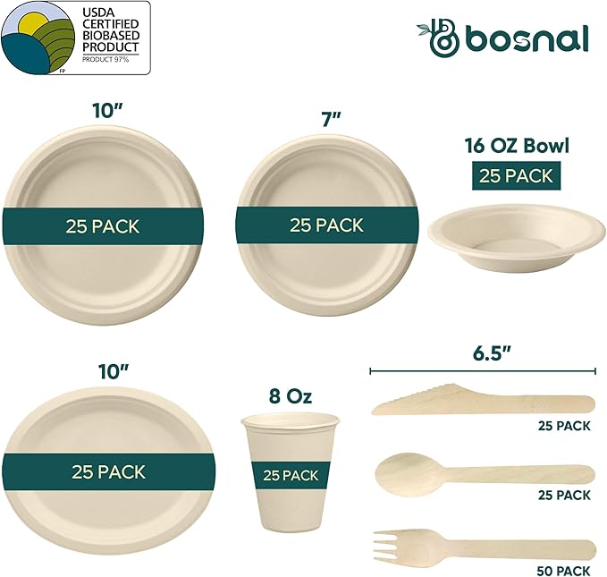 BOSNAL 10 inch & 7 inch Round Plates, 10 inch Oval Plates, 16 oz Bowls & 8 oz Cups with Lids & Cutlery – 100% Plant-Based Bagasse, Eco-Friendly, Compostable, Microwave Safe, Durable Dinnerware Set
