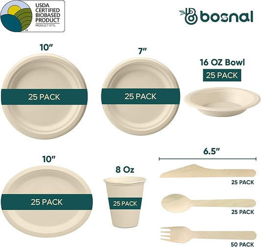 BOSNAL 10 inch & 7 inch Round Plates, 10 inch Oval Plates, 16 oz Bowls & 8 oz Cups with Lids & Cutlery – 100% Plant-Based Bagasse, Eco-Friendly, Compostable, Microwave Safe, Durable Dinnerware Set