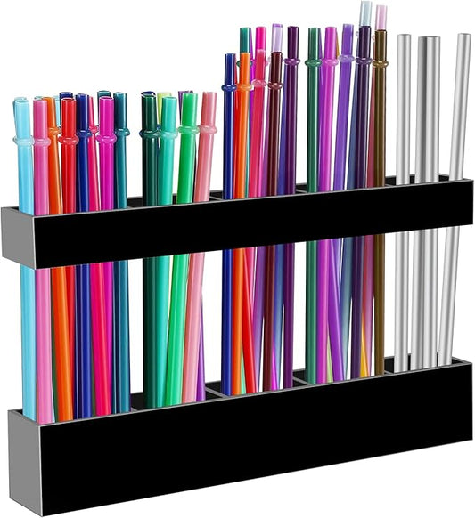9.5” Large Acrylic Straw Holder for Cabinet Door - Reusable Tumbler Straw Organizer Storage, Small Kitchen Accessories Container, Ultra Sticky Cupboard Door Mounted (Black)