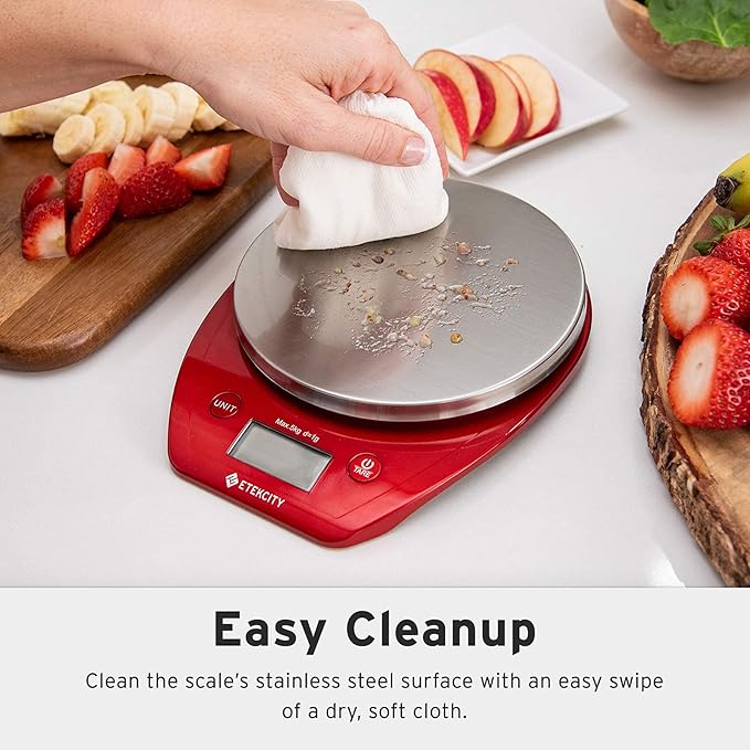 Etekcity 0.1g Food Kitchen Scale, Bowl, Digital Grams and Ounces for Weight Loss, Dieting, Baking, Cooking, and Meal Prep, 11lb/5kg, Stainless Steel Red