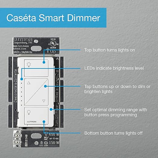 Lutron Caseta Original Smart Dimmer Switch Kit, 2 Dimmer Switches, 2 Wall Plates, 2 Pico Remotes, and Smart Hub, Works with Alexa, Apple Home, Google Home, 3 Way, 150W, No Neutral, P-BDG-PKG2W-A