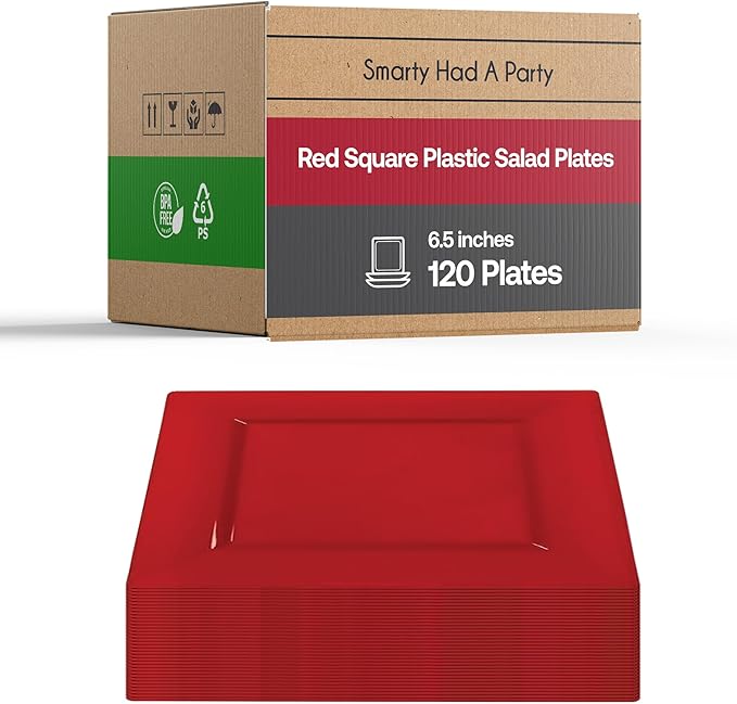 Smarty Had A Party 120 Red Square Plates for Salad 6.5" – Heavy-Duty Disposable Tableware for Weddings – Red Plastic Dessert Plates 120 Guests, High-End, Versatile Look