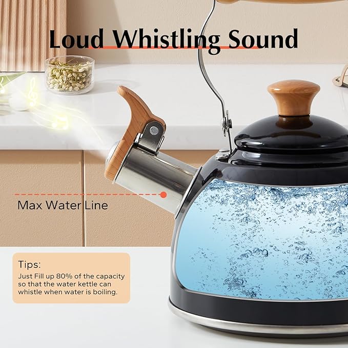 ROCKURWOK Tea Kettle, Tea Pot with Cool Touch Ergonomic Handle, Teapot Food Grade Stainless Steel, Tea Kettle Stovetop, Kettle Teapot, Whistling Tea Kettle, Small Tea Pot, 1.6 Quart (Black)