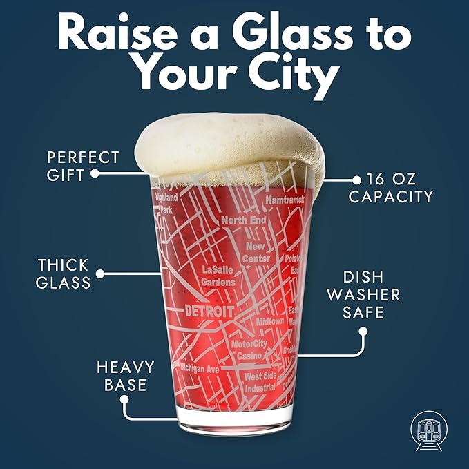 Greenline Goods – Detroit, MI Map Pint Beer Glasses (Set of 2), 16 oz – Etched Wrap Design