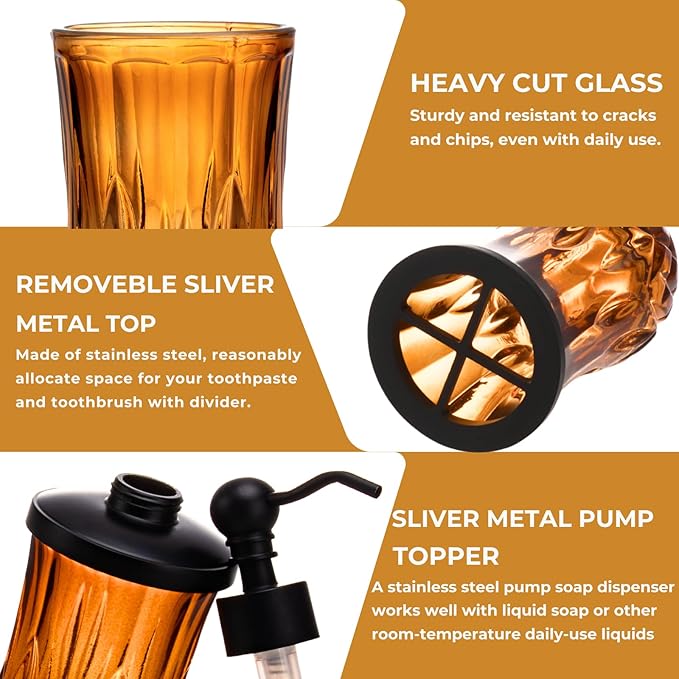 Bathroom Accessories Set,5 Pcs Amber Glass Bathroom Accessory Set, Complete Lotion Soap Dispenser, Toothbrush Holder, Soap Dish, Tumbler & Jar, Modern Bathroom Decor Sets,Gift for Home Apartment,Round