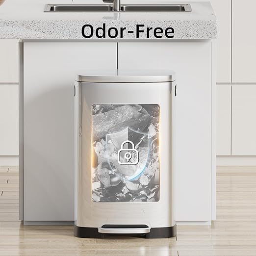 KUK 13 Gallon/50L Stainless Steel Kitchen Trash Can with Lid and Step Pedal-Large Capacity Garbage Bin with Odor Seal, Silent Close Lid, Removable Inner Bucket for Home, Kitchen, Bedroom, Office