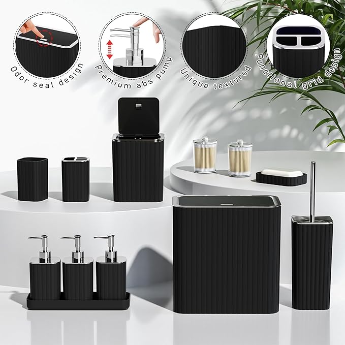 Bathroom Accessory Set - Bathroom Set, 12PC Bathroom Accessories Set, Black Bathroom Accessories Set, Mini Trash Can, Toilet Brush, Trash Can & Soap Dispenser