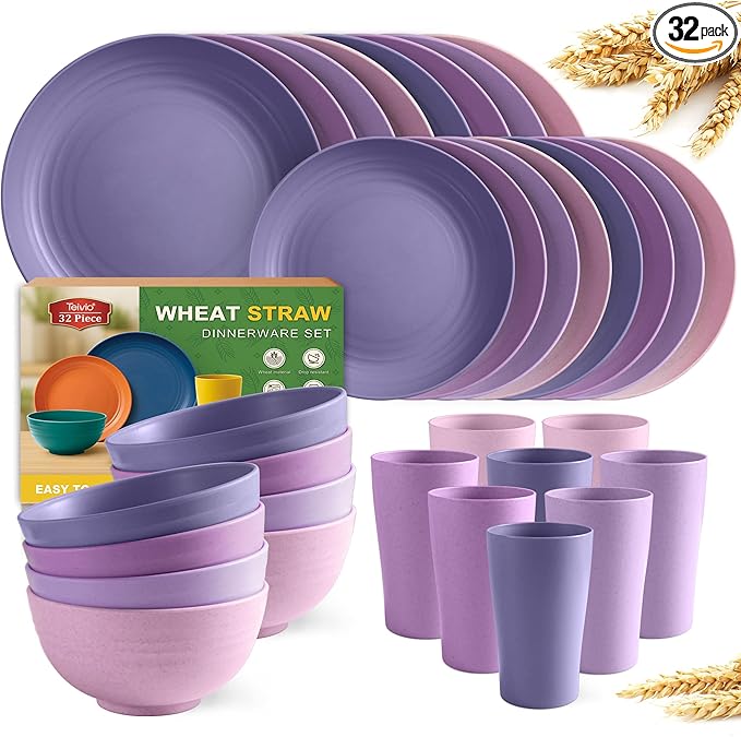 Teivio 32-Piece Kitchen Plastic Wheat Straw Dinnerware Set, Service for 8, Dinner Plates, Dessert Plate, Cereal Bowls, Cups, Unbreakable Colorful Plastic Outdoor Camping Dishes, Purple Ombre