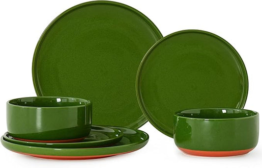 6 Piece Dinnerware Sets for 2, Dual Glaze Stoneware Plates and Bowls Set, Microwave and Dishwasher Safe, Forest Glaze Green
