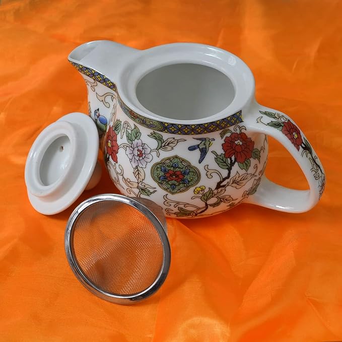 Porcelain Teapot 500ml Flower and Bird Kettle Stainless Infuser