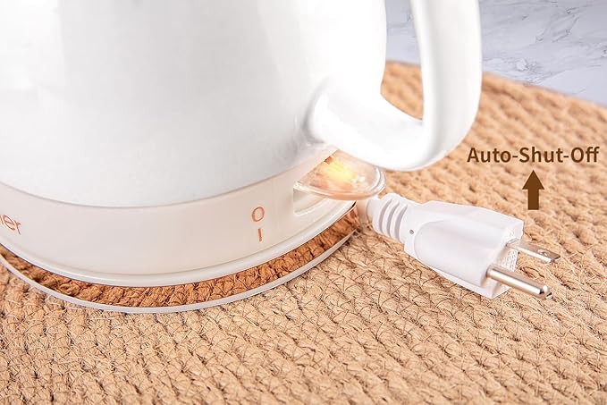 Toptier Electric Ceramic Tea Kettle, Boil Water Quickly and Easily, Detachable Swivel Base & Boil Dry Protection, Carefree Auto Shut Off, 1.5 L, White