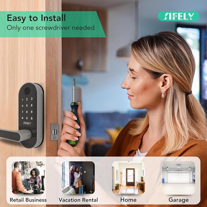 Built-in WiFi Fingerprint Smart Door Lock with Handle & Keypad – Remote Access & Auto-Lock, Keyless Entry for Home, Airbnb & Rental, 6-in-1 Unlock: Code/Card/App/Key, Works with Alexa & Google