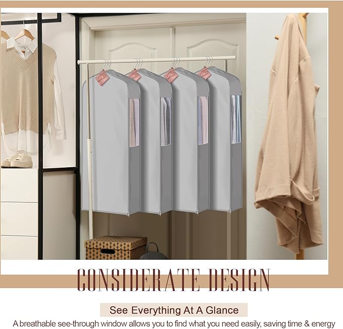 40" Cotton Garment Bag for Hanging and Storage Clothes with 4 Cedar Blocks for Fresh Smell and Moth Protection, Breathable Hanging Storage Bag for Suit Sweater Gown Fur Coat, 6'' Wide, Gray