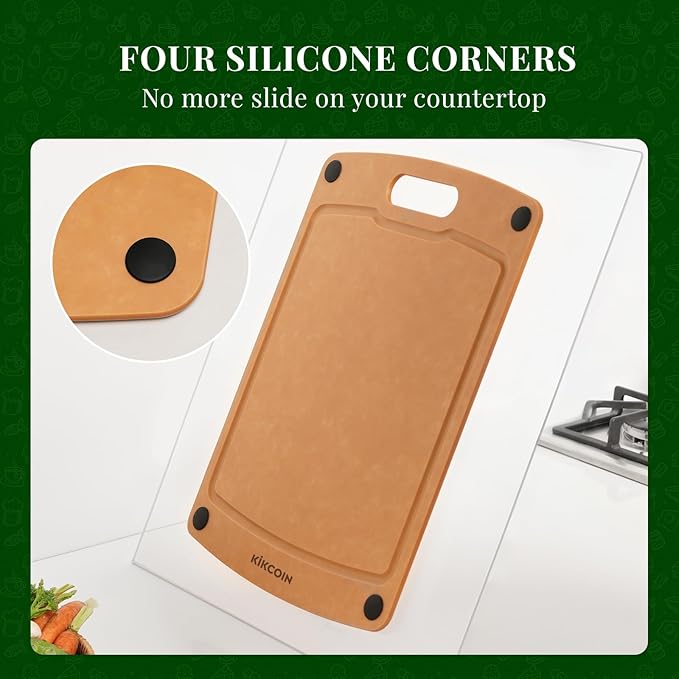Kikcoin Wood Cutting Board, Cutting Boards for Kitchen Dishwasher Safe Non-slip Chopping Board with Juice Groove, Wood Fiber Composite Cutting Board with Handle, 17.3"*12.8"