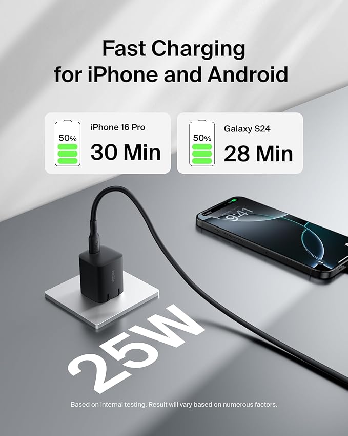 Belkin USB C Charger Block 25W - USB C Cable Included – PD3.0 PPS Fast Charging for Samsung Galaxy S25, Apple iPhone 17,Air, Pro, Pro Max, AirPods, Google Pixel 9, Nintendo Switch, etc - Black