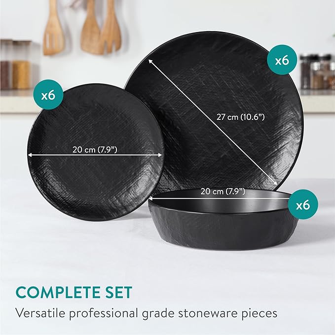 Navaris Linen Artisan Stoneware Dinnerware Set (18 Pieces) - Dishwasher & Microwave Safe Plates & Bowls for 6 with Dinner, Side Plates & Pasta Bowls - Charcoal Black