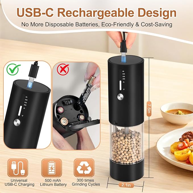 Hxro Electric Salt and Pepper Grinder with 4-Mode Timer, USB-C Rechargeable Pepper Mill with LED Light, Adjustable Coarseness & 120 ML Large Capacity, Perfect for Kitchen, BBQ, Dining Table & Gifts