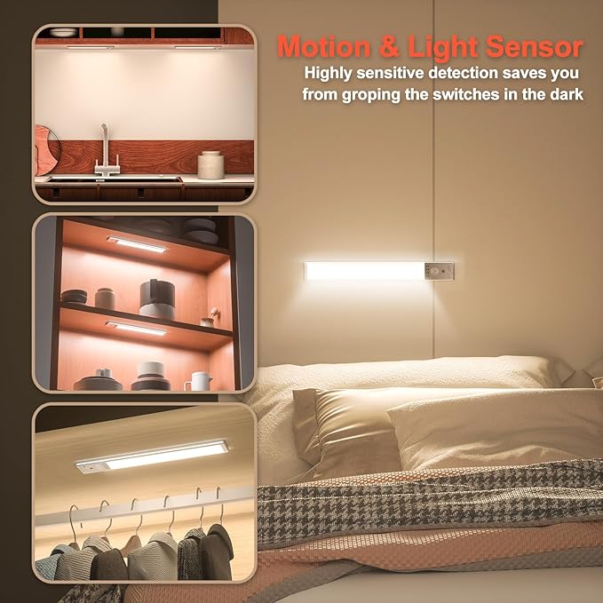 Under Cabinet Lighting, 4Pack Motion Sensor Light Indoor with 3 Color Temps, Rechargeable Under Counter Lights for Kitchen,Dimmable Closet Lights Battery Operated, 88 LED Motion Sensor Light Indoor