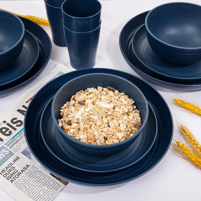 Supernal Wheat Straw Dinnerware Sets, Tableware Set for 8, Plates and Bowls Sets, Reusable Dinnerware Set, Microwave Dishwasher Safe, Blue Plastic Dinnerware Sets 16pcs Plates, 8pcs Bowls, 8pcs Cups