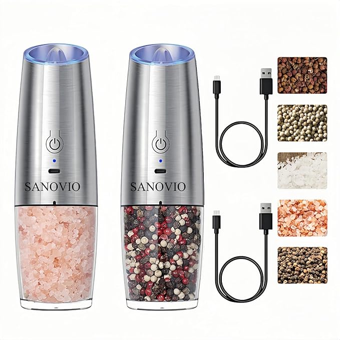 Gravity Electric Salt and Pepper Grinder Set, USB-C Rechargeable, No Battery Needed,One-Touch Automatic Shakers, Adjustable Coarseness, Kitchen Utensils for Dining Cooking(Silver,2 Pack)