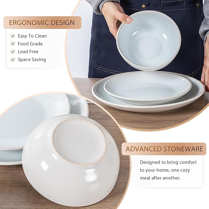 Plates and Bowls Sets for 4 - CJDC-QUELO 12-Piece Stoneware Dinnerware Sets, Ceramic Dishware Set for Kitchen Use and Formal Dining, Chip and Scratch Resistant Microwave Dishwasher Safe, Off White