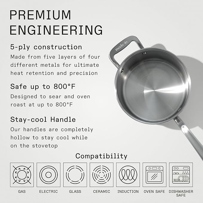 Made In Cookware - 4 Quart Stainless Steel Saucepan with Lid - 5 Ply Stainless Clad Sauce Pan - Professional Cookware - Crafted in Italy - Induction Compatible