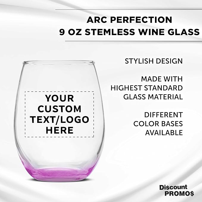 DISCOUNT PROMOS Custom Stemless Wine Glass 9 oz. Set of 10/50/100, Personalized Bulk Pack - Great for Wedding Favors, Bachelorette Party Decorations, Party Favors - Pink